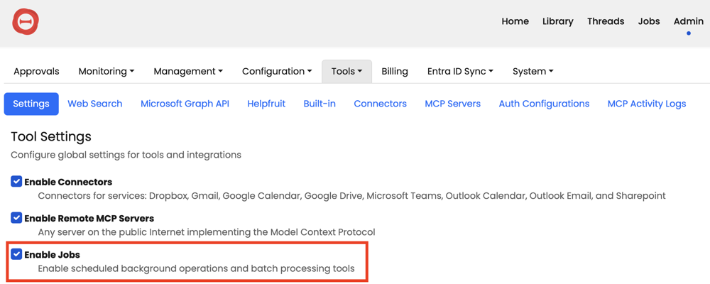 Tool Settings with Enable Jobs selected